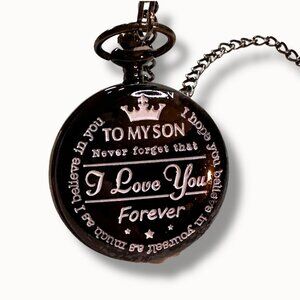 Engraved Black Pocket Watch w/ Chain "To My Son, I Love You Forever" Vintage Loo